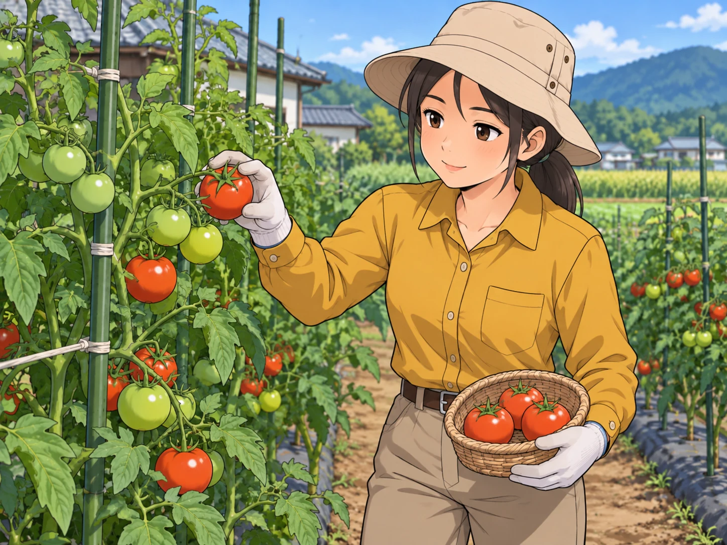 赤くなったトマトを手で収穫する作業