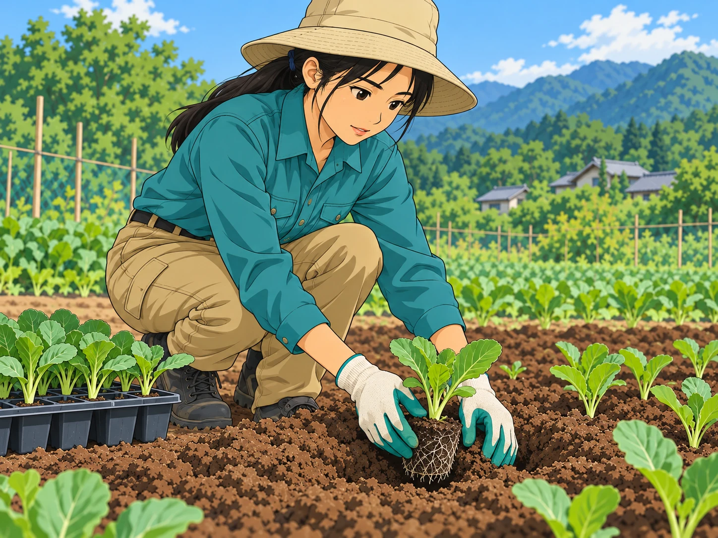 畑で苗の根鉢を土の穴へ入れて植える作業