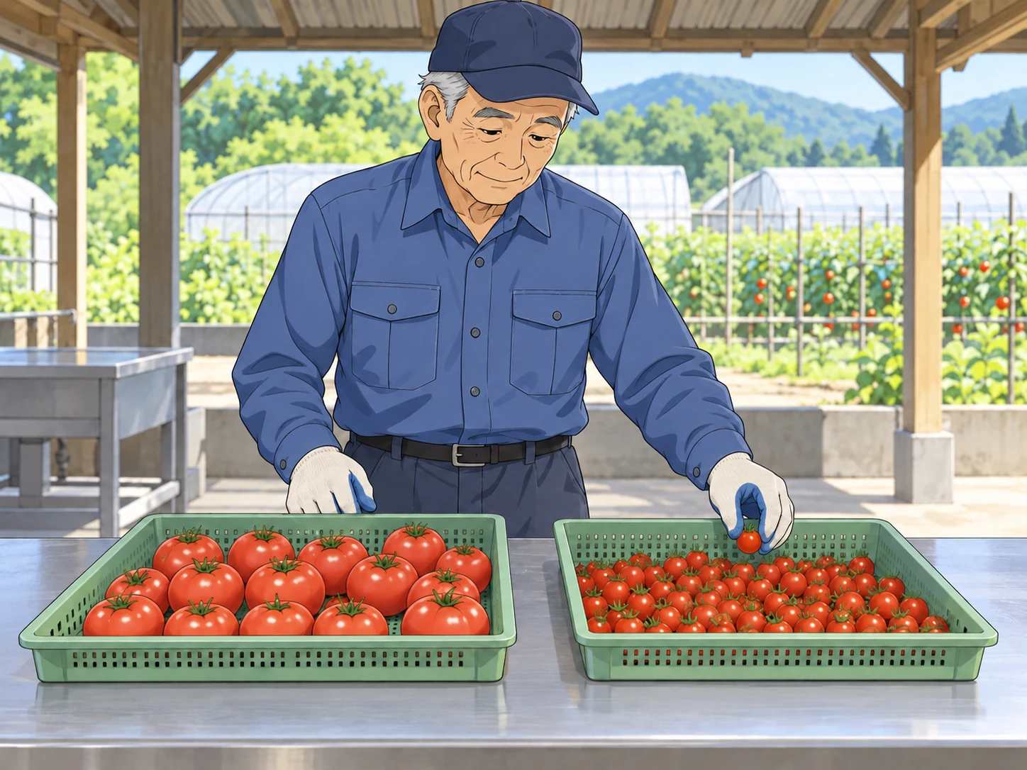 大きさが違うトマトを二つの箱に分ける作業