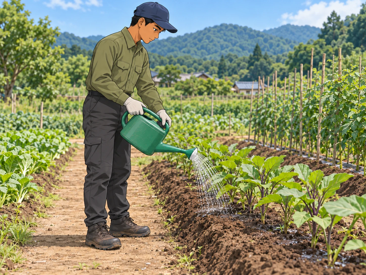 じょうろで苗の根元の土に水をやる作業