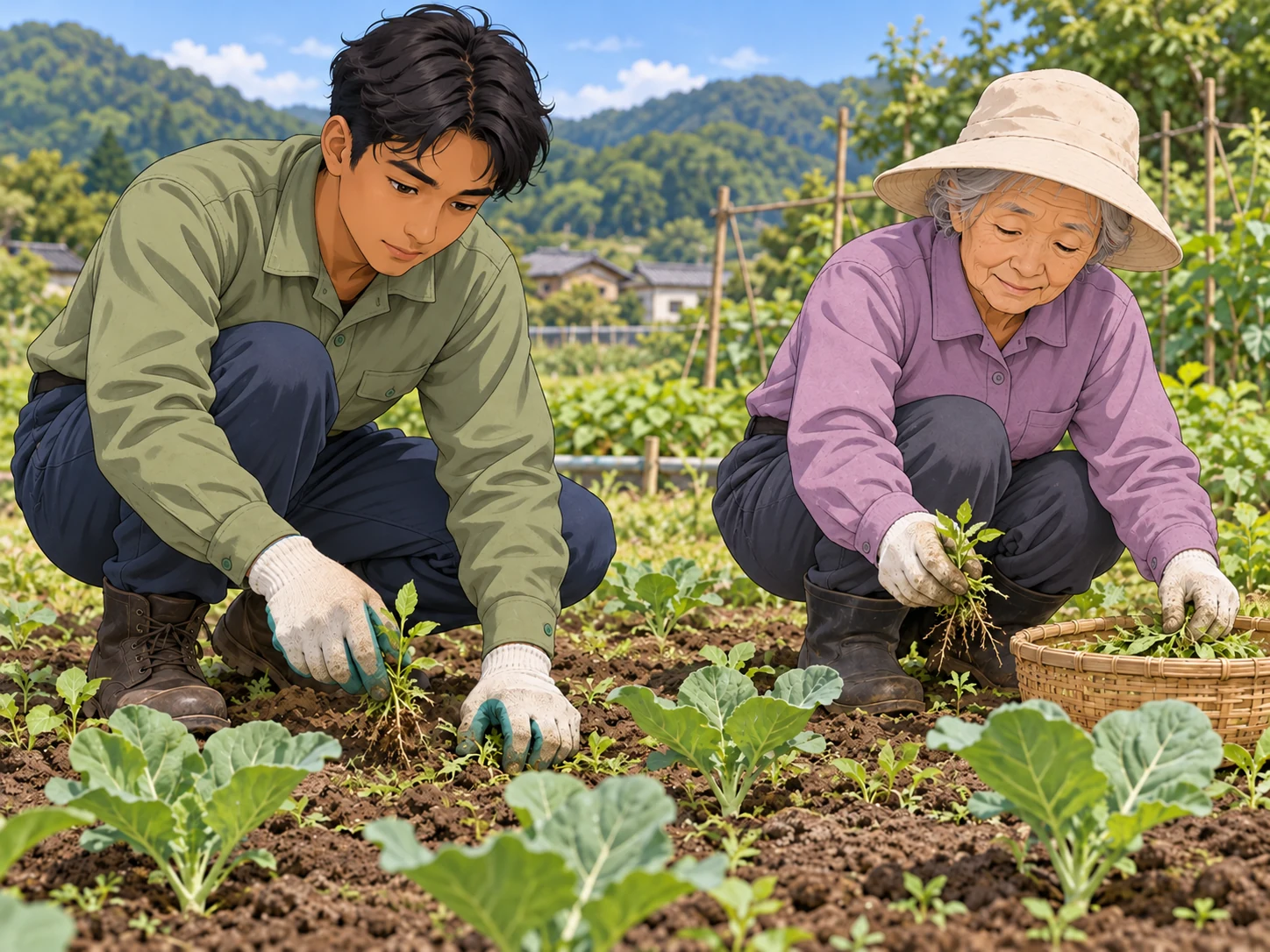 野菜の苗と区別しながら小さな草を根から取る作業