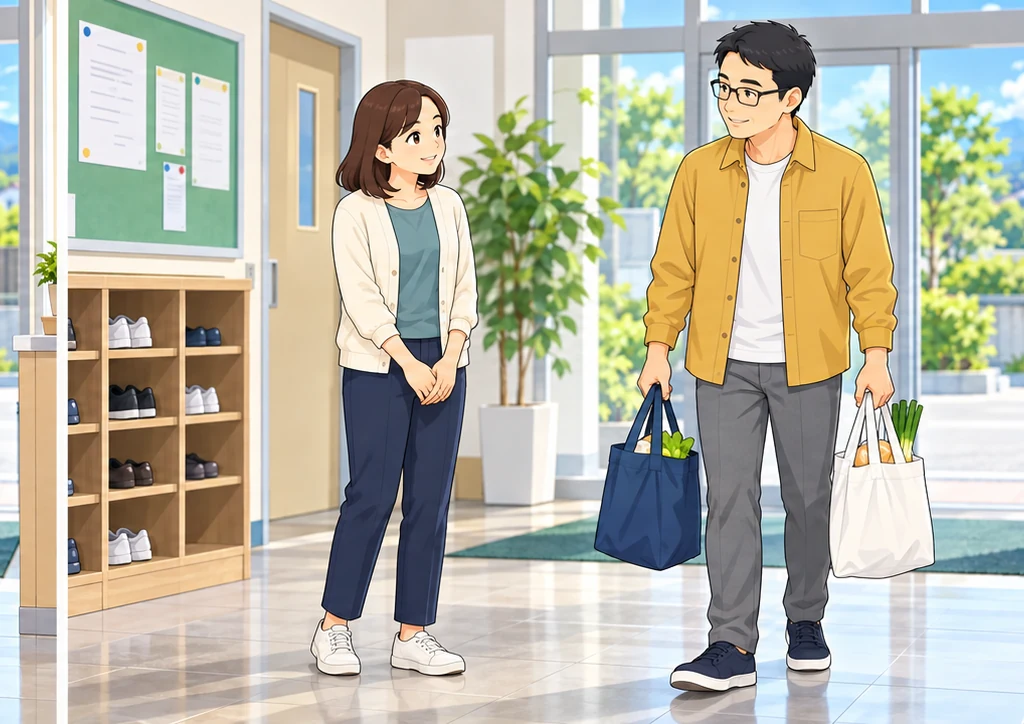 男性が自分で二つの袋を持つ場面