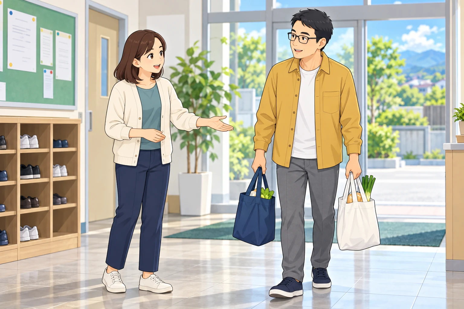 にもつが二つあります。女性が男性に手伝いを申し出ます。