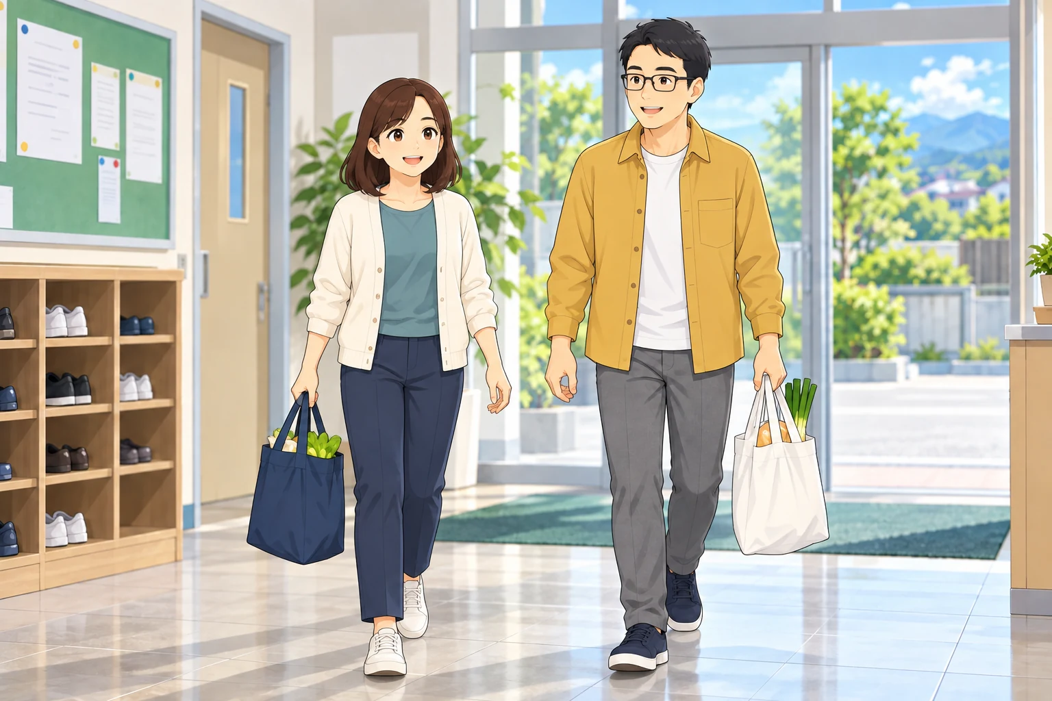 手伝った後、二人が袋を一つずつ持って歩いています