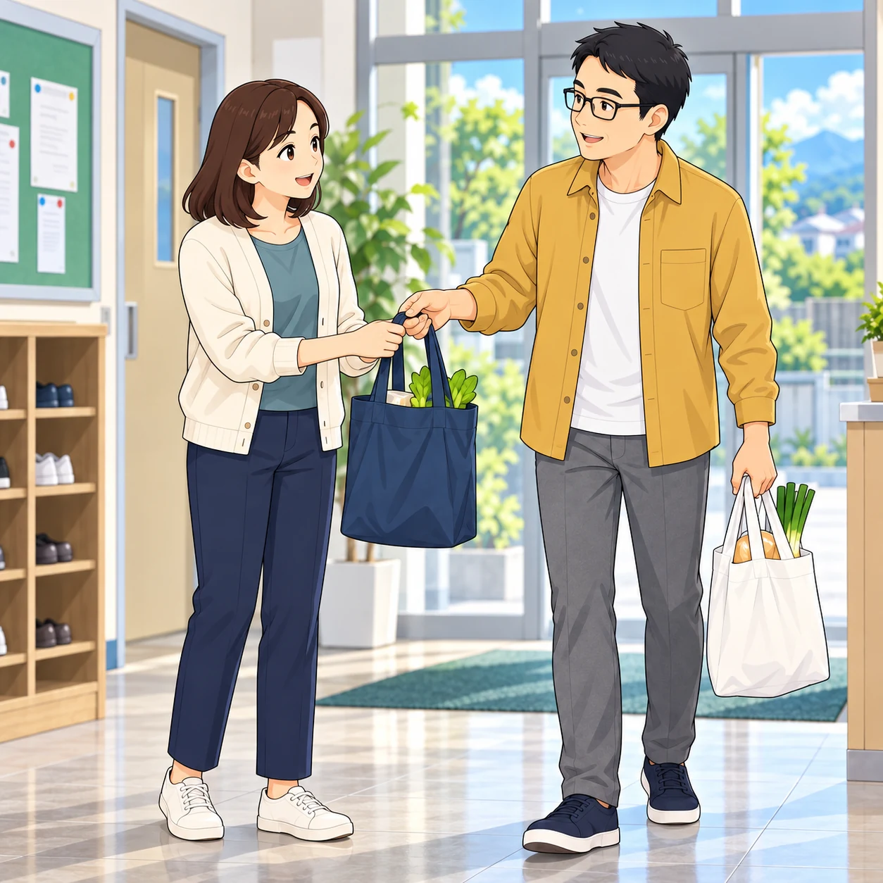 お願いしますと答えた後、青い袋を女性へ渡します