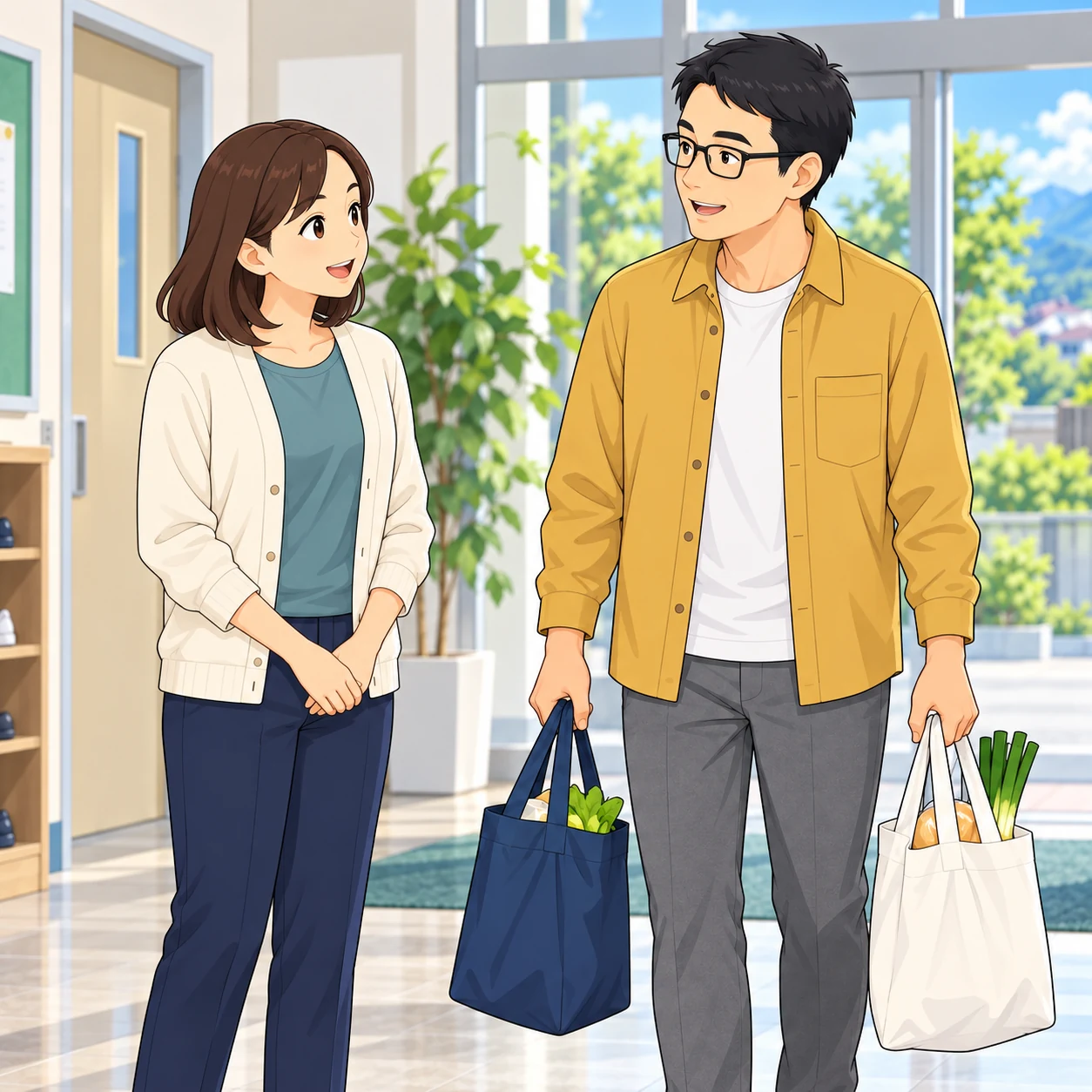 女性が荷物を持つ男性の返事を聞いています