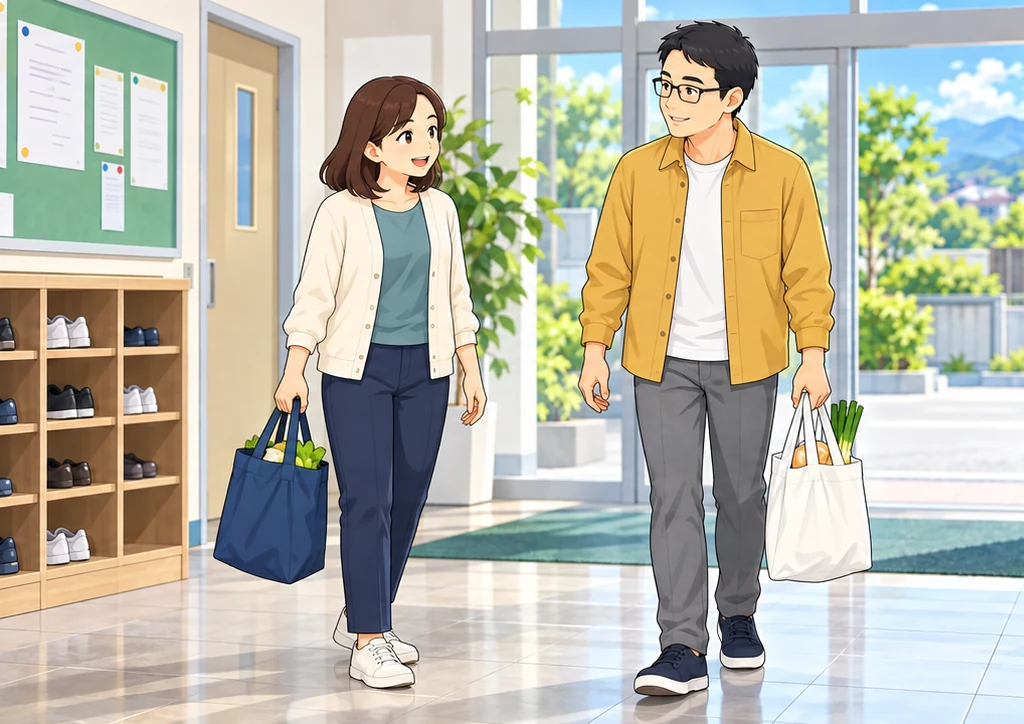 手伝いを受け入れて袋を渡す場面