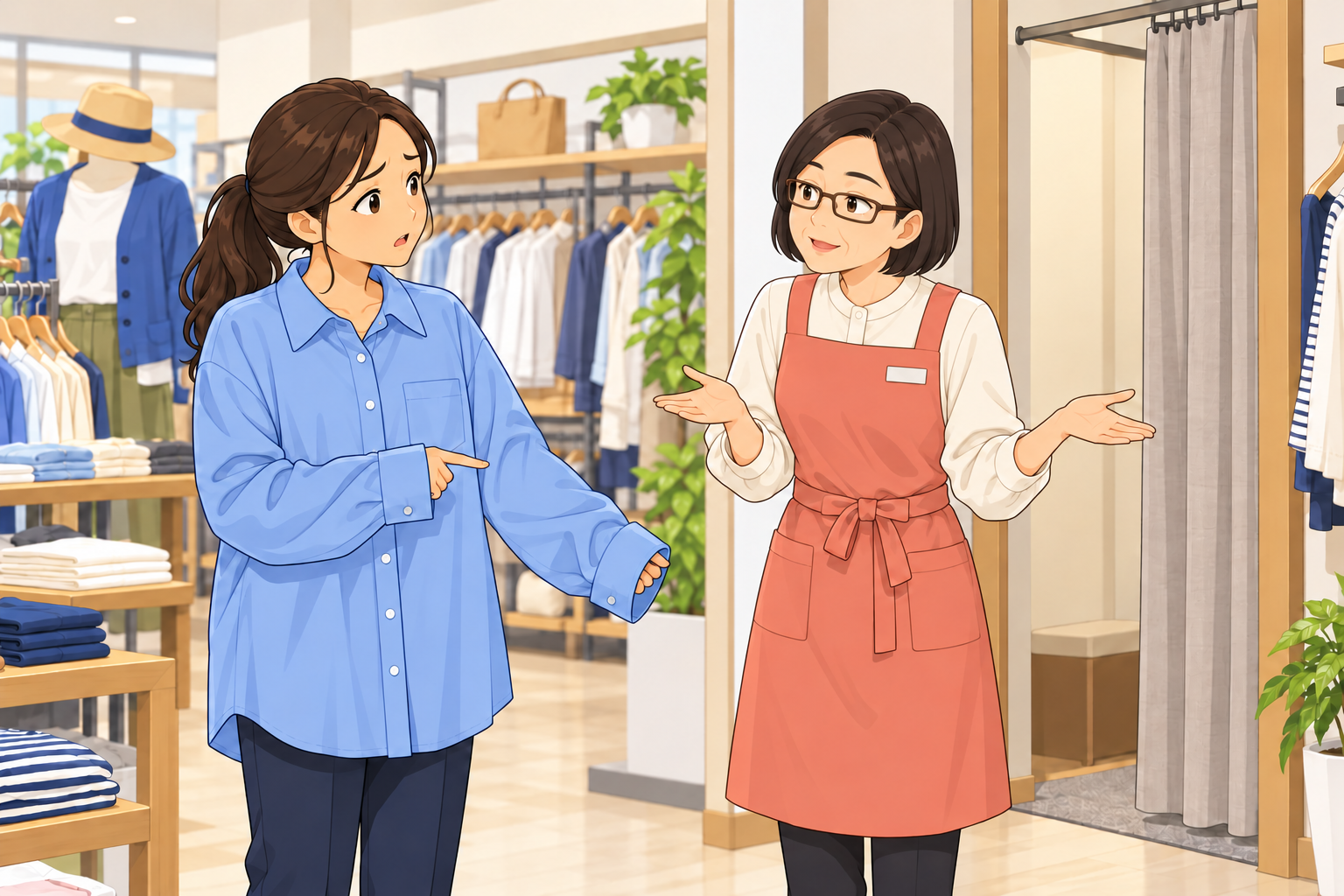 試着したシャツが大きく、客が小さいサイズを相談する