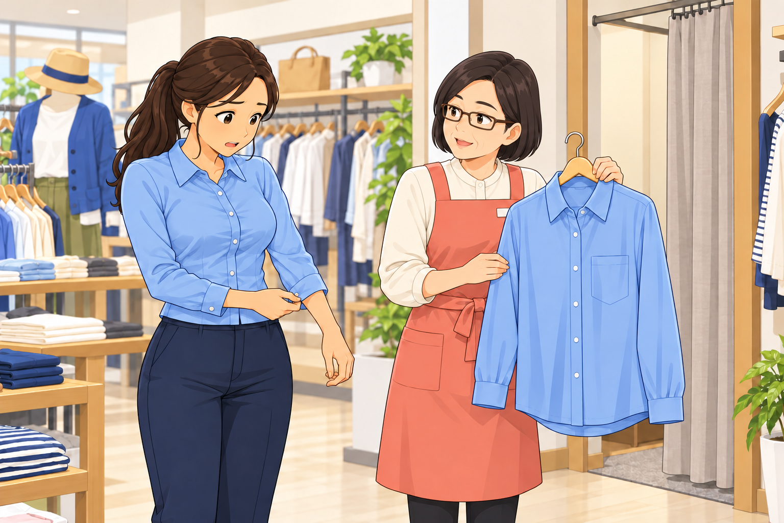 試着したシャツがきつく、客が大きいサイズを相談する
